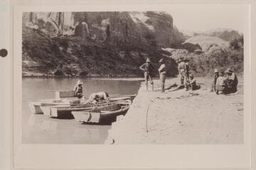 Cataract Canyon party and boats at our Camp Junction.  USGS San Juan survey--used as Exhibit No. 387 by Complainant in River Bed Case
