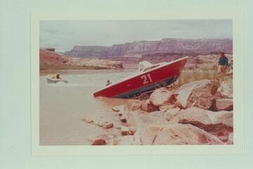"Wee Yellow" pulls "Big Red" from trailer at Lees Ferry