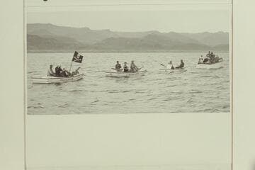 Three of the four Wright boats on Lake Mead after the Grand Canyon traverse.  The boats are being towed by the "Lollipop" with Jim Rigg as pilot