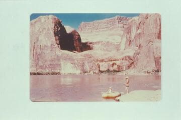 Ann Gaskill in boat, Helen Hartel on bank.  Above Hidden Passage