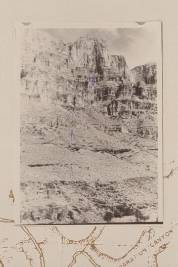 1931 Ervin escape route in Redwall above spring, Mile 233-234.  Photo marked by Ervin to show his route.  The X marks the barrel cactus which supplied moisture