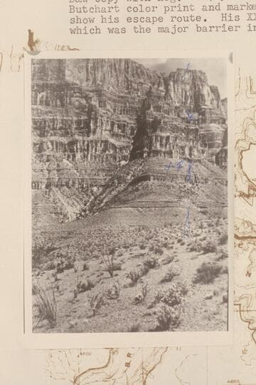 1931 Ervin escape route above 234 Mile Rapid [in]  Redwall above the spring.  Print marked by Ervin to show his escape route.  His XX marks the crevice which was the major barrier in his climb