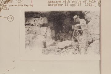 Emery Kolb prepares to photograph some of the USGS crew with the trappers gear found in the cave at Cave Springs Rapid