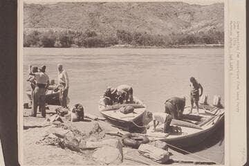 Crew preparing for departure from Lees Ferry:  Sanderson; Taylor; Desloge; Visbak; Cutler; Jim Jordan; Belknap; Buzz Belknap