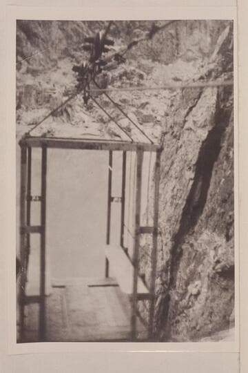 Cage of Rusts Cable or Tramway above Bright Angel Creek.  Copy of print owned by Israel Chamberlain