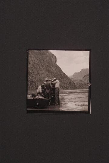 Motor repairs above Hermit Rapids; Don Harris, Bill Belknap, Claude Nichols, Rod Sanderson and John Riffey