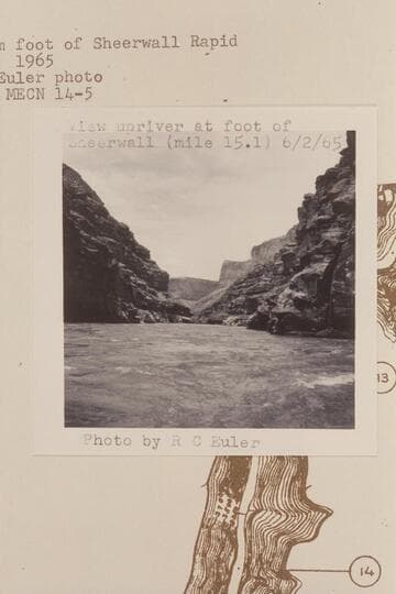 Up from foot of Sheerwall Rapid [on photo:  View upriver at foot of Sheerwall (Mile 15.1)]