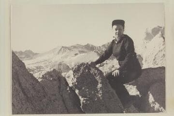 Freda M. Walbrecht, Los Angeles.  On Mt. Starr in the Sierra Nevada.  Miss Walbrecht traveled from Lees Ferry to Navajo Canyon in Art Greene's boat.  In 1955 she was with Georgie White from Bright Angel Creek to Temple Bar