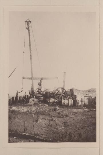 Harshberger rig; Mexican Hat oil field.  The negative shows the rock of Mexican Hat at the extreme right