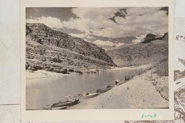 Skiffs of the 1934 crew moored near Mile 75 for lunch stop, 2-3 P.M
