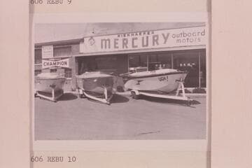 The 26-ft. outboard craft built by Anchor Boat in Salt Lake City which attempted a run up the Grand Canyon in 1960, June.  They were unable to top Vulcan Rapid.  "Rapid Eater."  "Ben Hurt."  "Ugh!"