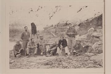 Crew of the Caltech party with Buzz Holmstrom in camp below and opposite Travertine Creek:  Frank Dodge, Johnny Maxson, Ian Campbell, Merrill Spencer, Buzz Holmstrom, Eddie McKee, Bob Sharp and John Stark