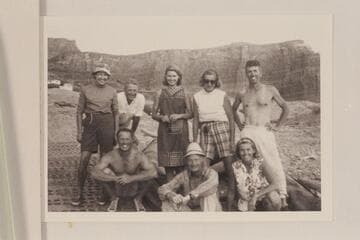Party that cruised from Potash to the foot of Narrow Canyon, 1966, Sep.  Fromt row:  Kenny Moore, Darcy Brown, Maud Duke.  Back row:  Ruthie Brown, Walt Taylor, Kay Black, Shirley Taylor, Ty Dines