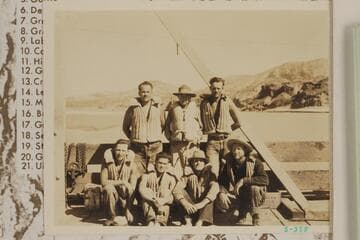 Members of the Dusty Dozen crew after completing their cruise from Lees Ferry to Boulder Dam.  Upper:  Russell G. Frazier, Clyde Eddy and Frank Swain.  Lower:  Alt Hatch, Royce Mowrey, Bus Hatch and W. J. Fahrni