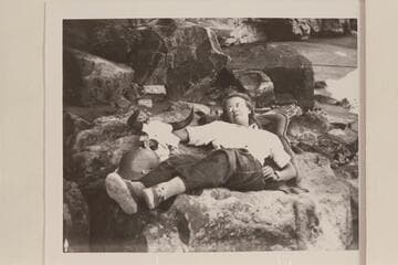 Lunch siesta for Millie Baker.  Between Sharp Rock Falls and mouth of Price River.  Green River.  Price River enters river at Mile 18.15