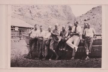USGS party just prior to leaving Lees Ferry to make the 1923 survey of the Grand Canyon.  The top boat is the "Coconino" owned by SCE.  Left to right:  Lint, Blake, Word, Birdseye, Moore, Burchard, LaRue, Freeman, and Kolb