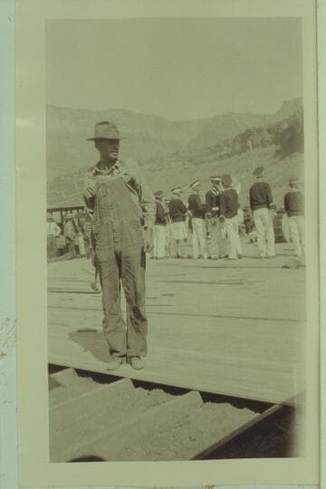 Preparations for dedication of the Marble Canyon Bridge.  Print from Freeman collection