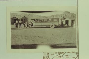 Bus en route to Marble Canyon Bridge dedication.  Between Cameron and the Bridge.  Print from Freeman collection