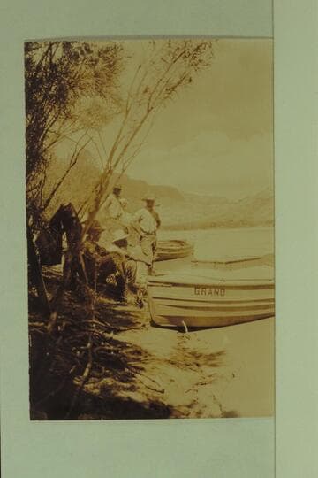 Boats and crew of the USGS party at Lees Ferry where they waited for the flow of the river to drop