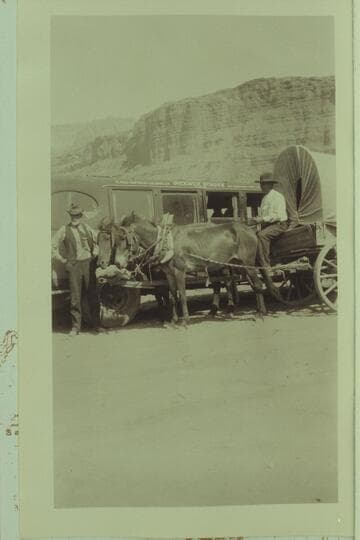 The old and the new.  Marble Canyon Bridge dedication.  Print from Freeman collection