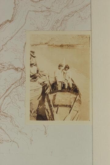 Catherine Pahl in life preserver at left stands behind.  Moore was [sic] Emery and Edith Kolb stand in the "Marble."