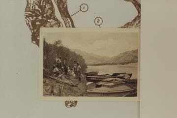 Boats and crew of the USGS cruise of Grand Canyon.  Freeman is the bulky man second from right.  Photo probably by Roger Birdseye; print from Freeman collection