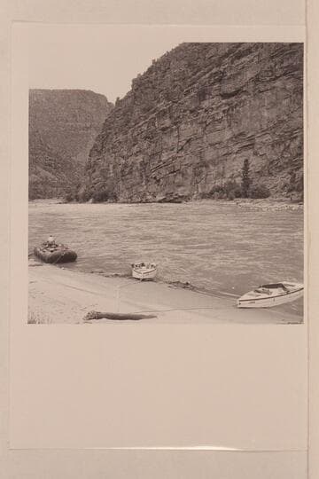 One of Hatch's pontoons (No. 9) and the two Reynolds skiffs moored at the left bank just above Lower Disaster Rapid