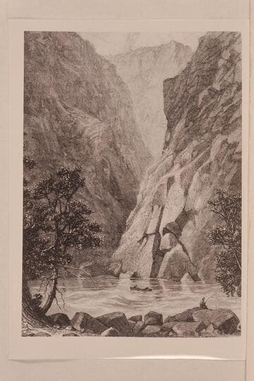 Canon of Lodore (illustration).  The scene is a gilded version of Lodore looking downstream from the foot of Triplet Falls