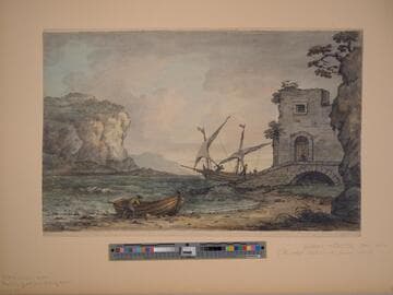 Rocky Coast with Ruin and Fishing Boats