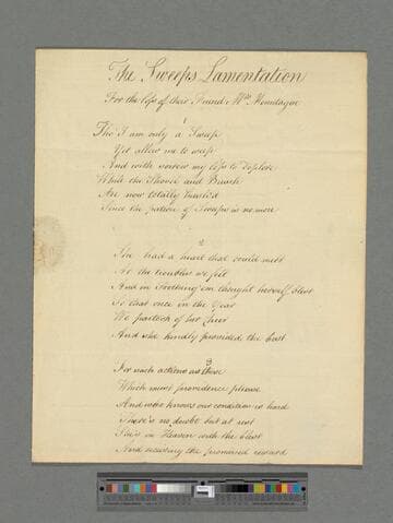 [Unknown author]. The Sweeps Lamentation For the loss of their Friend Mrs. Montague: [a poem in 5 stanzas of 6 lines each]