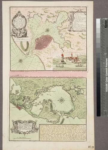 Neu und verbesserter Plan der St. u. Hafens Havana auf der Ins. Cuba mit den Wasser Tiefen, Sand haeneken und Klippen nochmahlen über Sohen y. Pr. Chassereau. Anno 1739. ; Neu und verbesserter Plan des Hafen von Carthagena in America, 16°26' Norder Breite, nach dem Entervurf des Pr. Chassereau, Archit. 1740. nach Engelland gebracht und ans Liechtgegeben