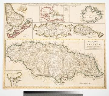 Map of the English Empire in the Ocean of America or West Indies, revised by J. Senex; A New Map of the Island of Jamaica; Barbados & Bermuda; Tobago; Antego; St. Christophers; Harbour at Port Royall