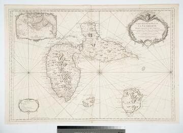 Carte Reduite des Isles de la Guadaloupe Marie Galante et les Saintes Dresée au Depost des Cartes Plans et Journaux de la Marine Pour le Service des Vaisseaux du Roy Par Ordre de M. Berryer Ministre et Secretaire d Etat aiant le Departement de la Marine. Par le Sr. Bellin Ingeneur de la Marine et du Depost des Plans Confuer Royal de l'Academie de Marine et de la Societe Royale de Londres. MDCCLIX (1759)