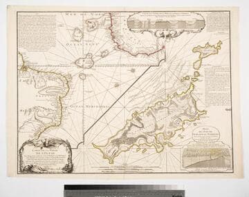 Carte de la Partie de l'Ocean Vers l'Equateur entre les Cotes d'Afrique et d'Amerique où la Situàtion des Isles, Bancs, et Vigies, montre qu'elles peuventêtre soit la disposition de fonds de la Mer, entre les deux Continents, soit la cause des variétés observées dans les Courants de ces Mers;