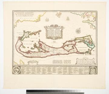 Mappa Aestivarum Insularum alias Bermudas dictarum : ad ostia Mexicani aestuarij iacentium in latitudine graduum 32: minutorum 25 ; ab Anglia, Londino scilicet versus libonotum 3300 miliaribus anglicanis ; et a Roanoack (qui locus est in Virginia) versus euro-notum 500 mil.; accurate descr
