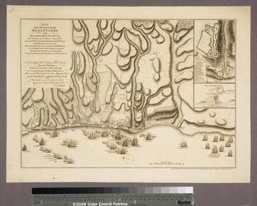 Plan of the Attack against Basseterre on the Island of Guadaloupe By a Squadron of his Majesty's Ships of War Commanded by Commodore Moore on the 22d. Jany. 1759. also the Incampments of the British Army Commanded by Genl. Hopson, and the French Intrenchments after they Abandoned the Town and Citadel: Drawn on the Spot by Lieut. Col. Rycaut of the Marines
