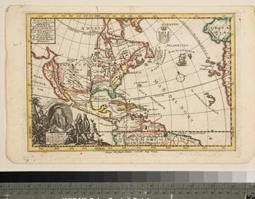 General Charte von dem mitternächte America und sonderlich denen darin befindliche französis. Colonien mit dem Wappen und Zeichen der Orientalischen u. Occidentalischen Französischen Handels Compagnie