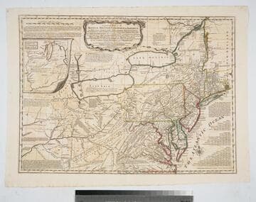 A general map of the middle British colonies in America : viz. Virginia, Maryland, Delaware, Pensilvania, New-Jersey, New-York, Connecticut and Rhode Island ; of Aquanishuonigy, the country of the confederate indians comprehending Aquanishuonigy proper, their places of residence, Ohio and Thuchsochruntie, their deer hunting countries, Couchsachrage and Skaniadarade, their beaver hunting countries ; of the Lakes Erie, Ontario and Champlain ; exhibiting the ancient and present seats of the indian nations