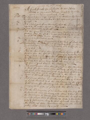 D'Oyley, Edward & others. A Certificate (in Relation to our Stores Committed to Commissarie Povey's Charge)