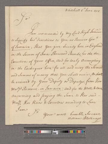 Blathwayt, William. Circular letter to the Receivers of the Revenue in the Plantations