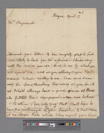 Montagu, John, 4th Earl of Sandwich. Letter to Thomas Hayward