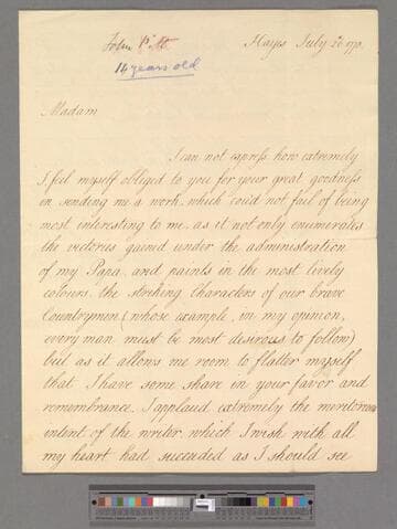 Pitt, John, 2nd Earl of Chatham. Letter to Elizabeth (Robinson) Montagu