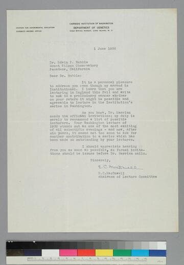 E. C. MacDowell, Department of Genetics, Carnegie Institution, writes to EPH