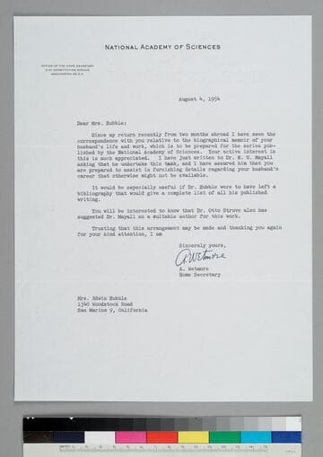 Alexander Wetmore, Home Secretary of the National Academy of Sciences, writes to EPH