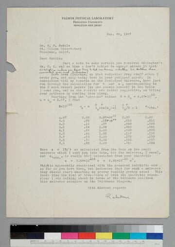 Physicist Howard Robertson of Princeton University writes to EPH