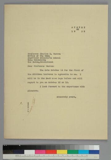 EPH writes to Charles Warren of Yale University