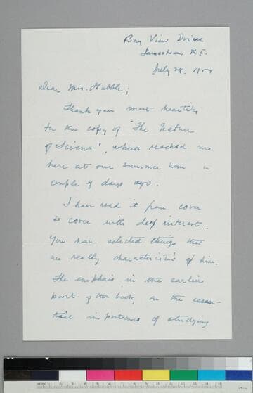 Astronomer Henry Norris Russell, writes to GBH, thanking her for the copy of The Nature of Science