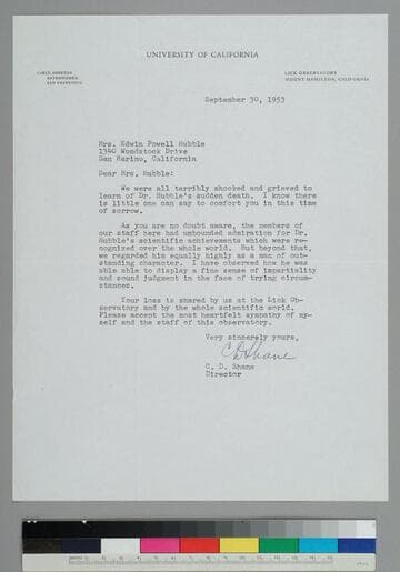 Donald Shane, director of the Lick Observatory, writes to GBH