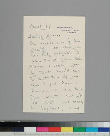 Writer Hugh Walpole, writes to GBH, glad to have received her letter