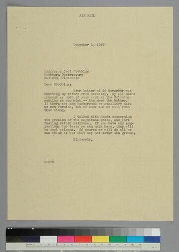 EPH writes to astronomer Joel Stebbins